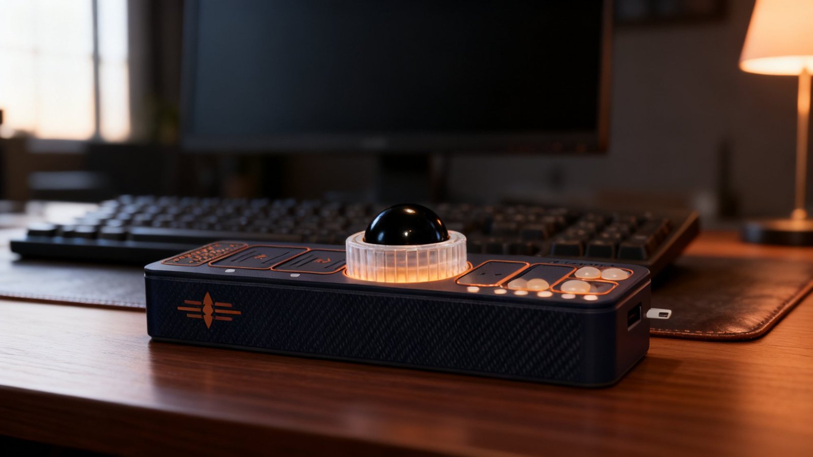 O.R.B. 2 centred in front of a keyboard on a walnut desk